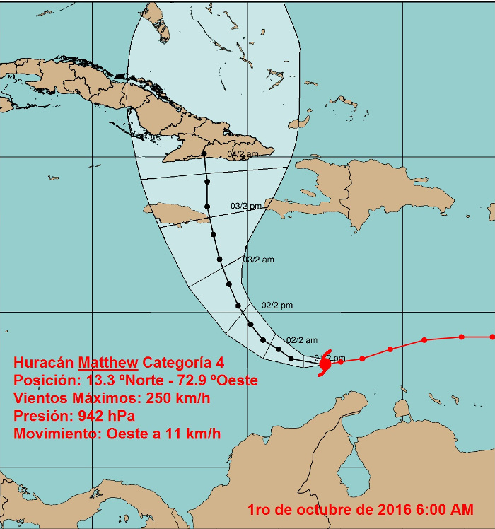 En la tarde Matthew mantuvo algunas fluctuaciones en su intensidad, aunque se mantiene como un intenso huracán categoría cuatro en la escala Saffir-Simpson, de un máximo de cinco. Los vientos máximos sostenidos han ascendido a 240 kilómetros por hora, con rachas superiores y la presión mínima central descendió hasta los 940 hectoPascal. Imagen: Centro de Pronósticos, INSMET Camagüey alista plan de evacuación ante amenaza de huracán