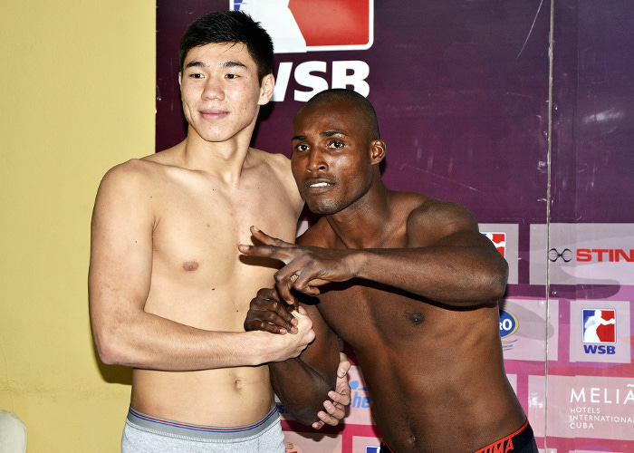 Julio César la Cruz y su rival de hoy, Madiyar Saydrakhimov. Fotos: Tomadas de worldseriesboxing.com