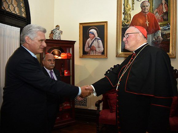 Miguel Díaz-Canel greets the Archbishop of New York, Timothy Dolan. Photo: @ CUBAONU / Twitter. Cuba raises its voice for the just causes of the world, says Díaz-Canel