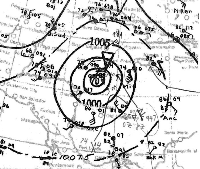 Este gráfico recoge el análisis de superficie del huracán catorce de la temporada de huracanes del Atlántico de 1932 en el Caribe occidental.
