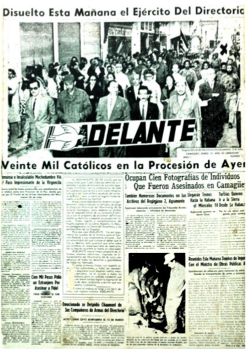 La primera plana del primer periódico Adelante, del 12 de enero de 1959. Foto: Captura de pantalla Adelante dejó sin máscara a El Camagüeyano