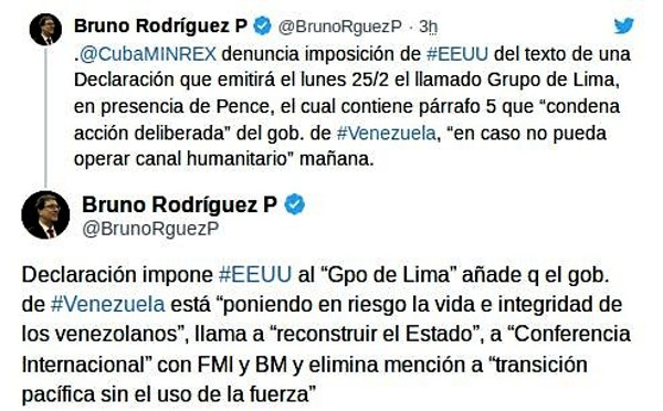 Imagen: Captura de pantalla en twitter  Advierte Cuba sobre maniobra de EE.UU. y Grupo de Lima contra Venezuela