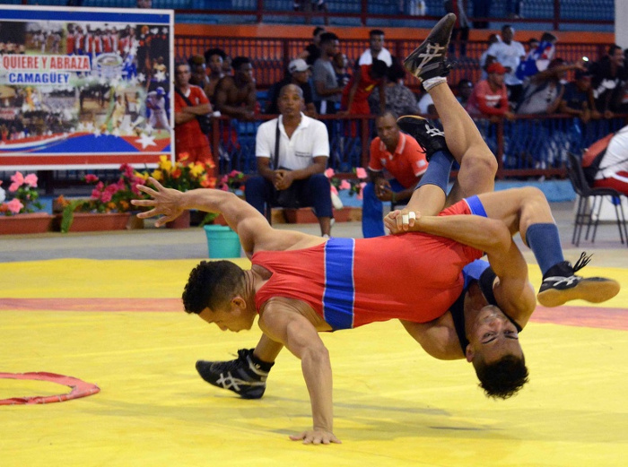 Combate en la categoría de los 55 kg. entre Liester Guzmán (rojo), de la Isla de la Juventud, y el holguinero Ismael Muriel, durante la primera jornada del Campeonato Nacional de Lucha Grecorromana, primera categoría. Foto: Rodolfo Blanco Cué/ACN “Congreso” de primer nivel continúa Nacional de Luchas