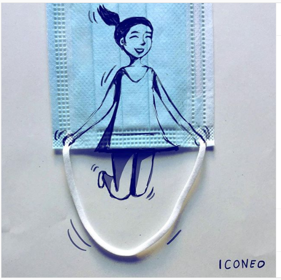 Ilustración del artista alemán Steffen Kraft, quien recicla mascarillas como soporte para su representación de la realidad e imaginación dentro del contexto pandémico. Tomada de su cuenta en Instagram. A través del tiempo