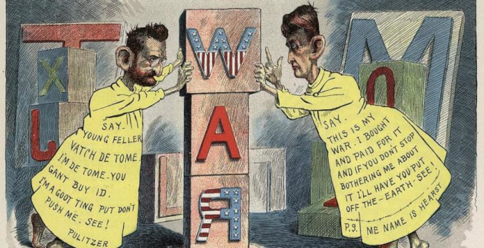 Viñeta sobre la guerra hispano-estadounidense de 1898. Joseph Pulitzer y William Randolph Hearst, caracterizados como ‘The Yellow Kid’, se disputan la propiedad del conflicto. Antes de las ‘fake news’ fueron las ‘yellow news’. Una tira publicada por los diarios estrella de Hearst y Pulitzer sirvió para acuñar la expresión “periodismo amarillo”. Imagen: Tomada de cubasi.cu/ Mambises cubanos también sufrieron fake news