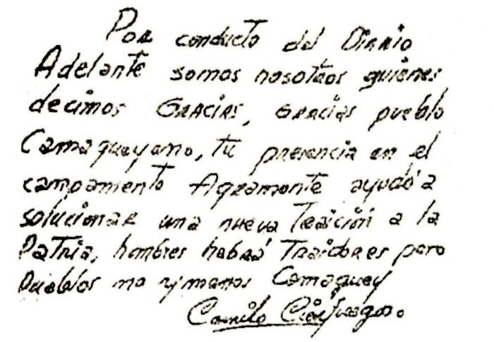 Escrito de Camilo al pueblo camagüeyano el 21 de octubre de 1959