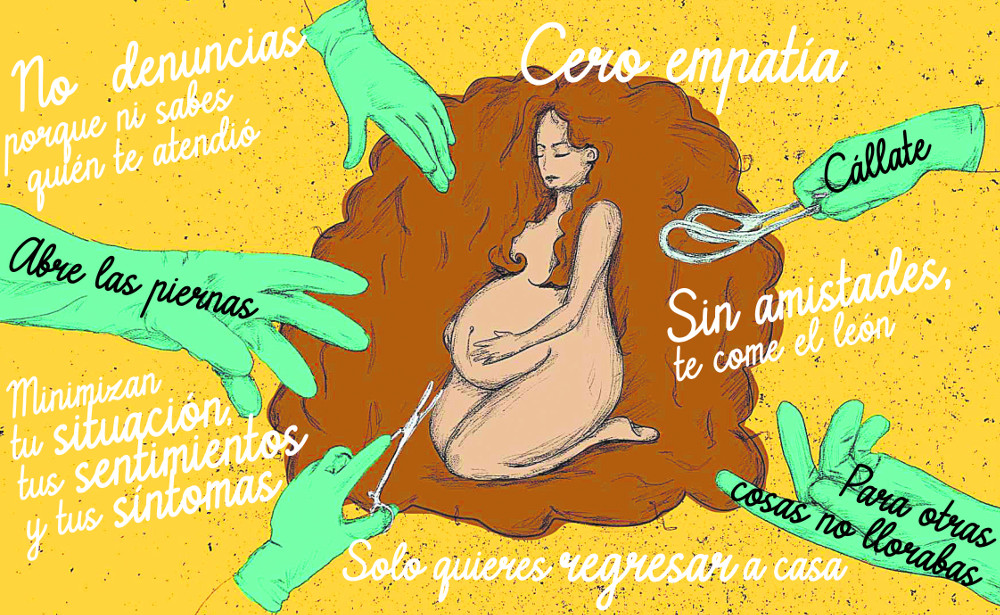 Adaptación de ilustración tomada de violenciaobstétrica.co, con frases, comentarios y vivencias de las mujeres encuestadas por Adelante para esta investigación.