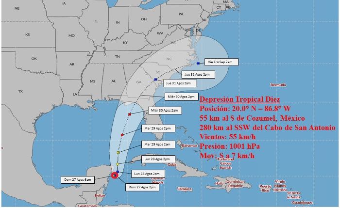 Imágen: insmet.cu Depresión Tropical Diez con poco cambio, lluvias en Occidente