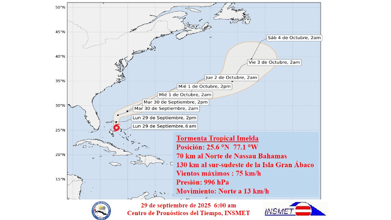 Imagen: Tomada de insmet.cu Imelda se fortalece sobre las Bahamas
